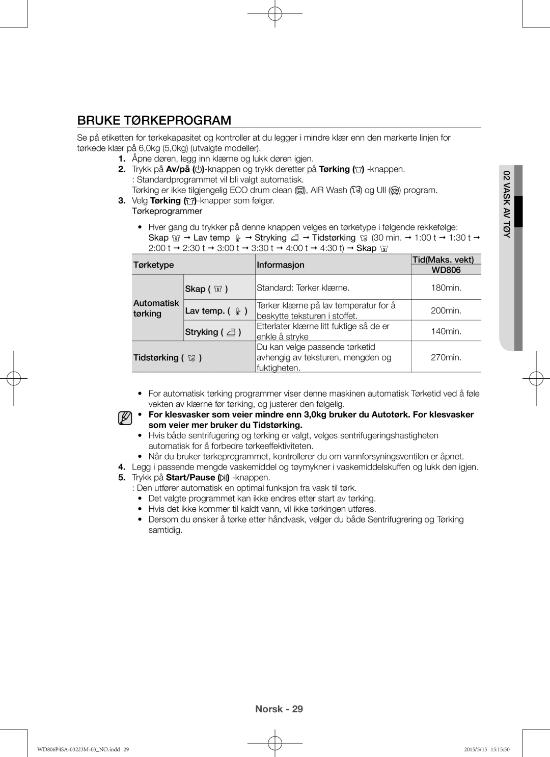 Samsung WD806P4SAWQ/EE manual Bruke tørkeprogram, Skap Standard Tørker klærne, Enkle å stryke 