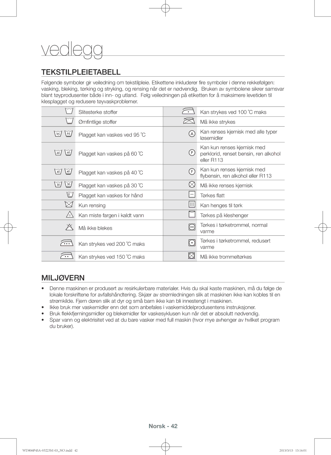 Samsung WD806P4SAWQ/EE manual Vedlegg, Tekstilpleietabell, Miljøvern, Eller R113 