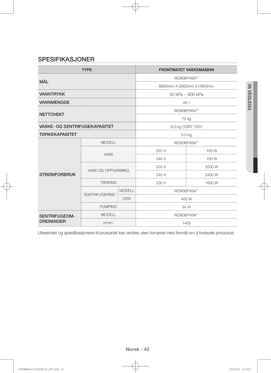 Samsung WD806P4SAWQ/EE manual Spesifikasjoner, Dreininger 