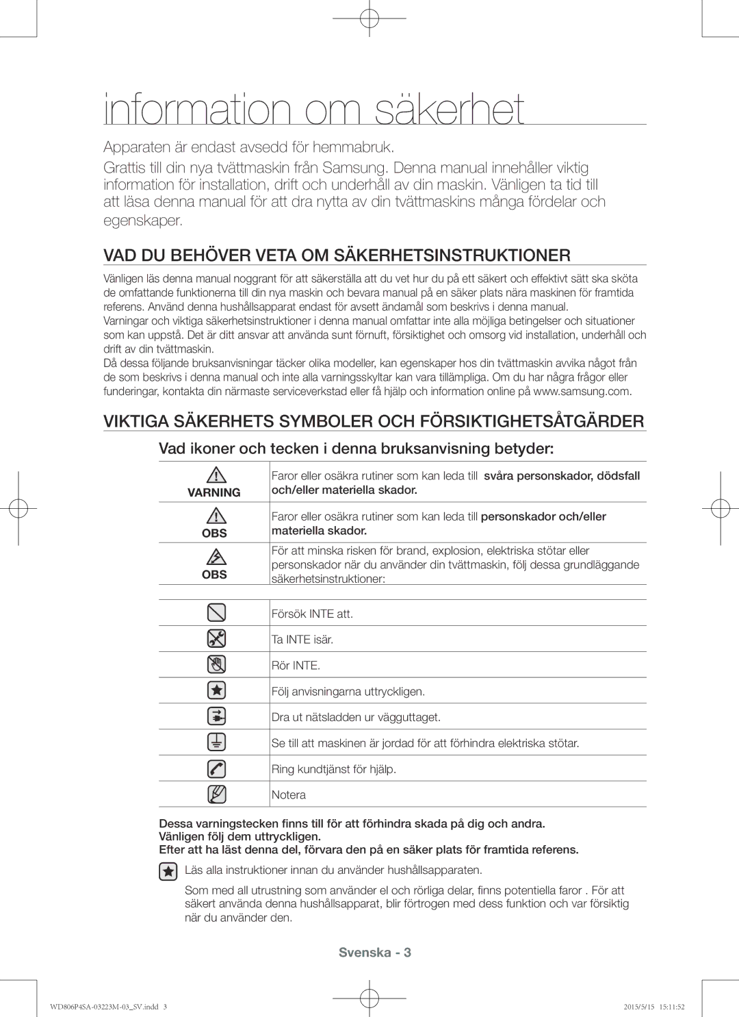 Samsung WD806P4SAWQ/EE manual Information om säkerhet, Vad du behöver veta om säkerhetsinstruktioner 