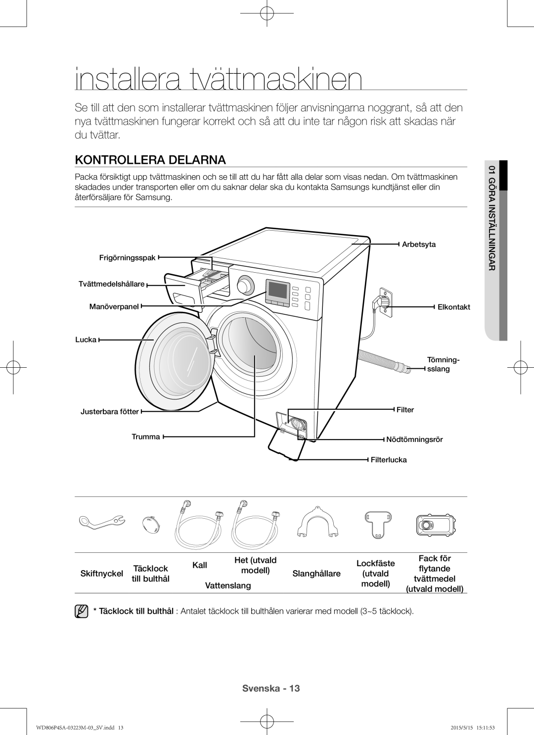 Samsung WD806P4SAWQ/EE manual Installera tvättmaskinen, Kontrollera delarna 