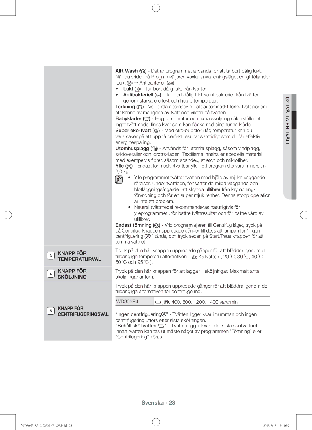 Samsung WD806P4SAWQ/EE manual Knapp FÖR, Temperaturval, Sköljning, Centrifugeringsval 