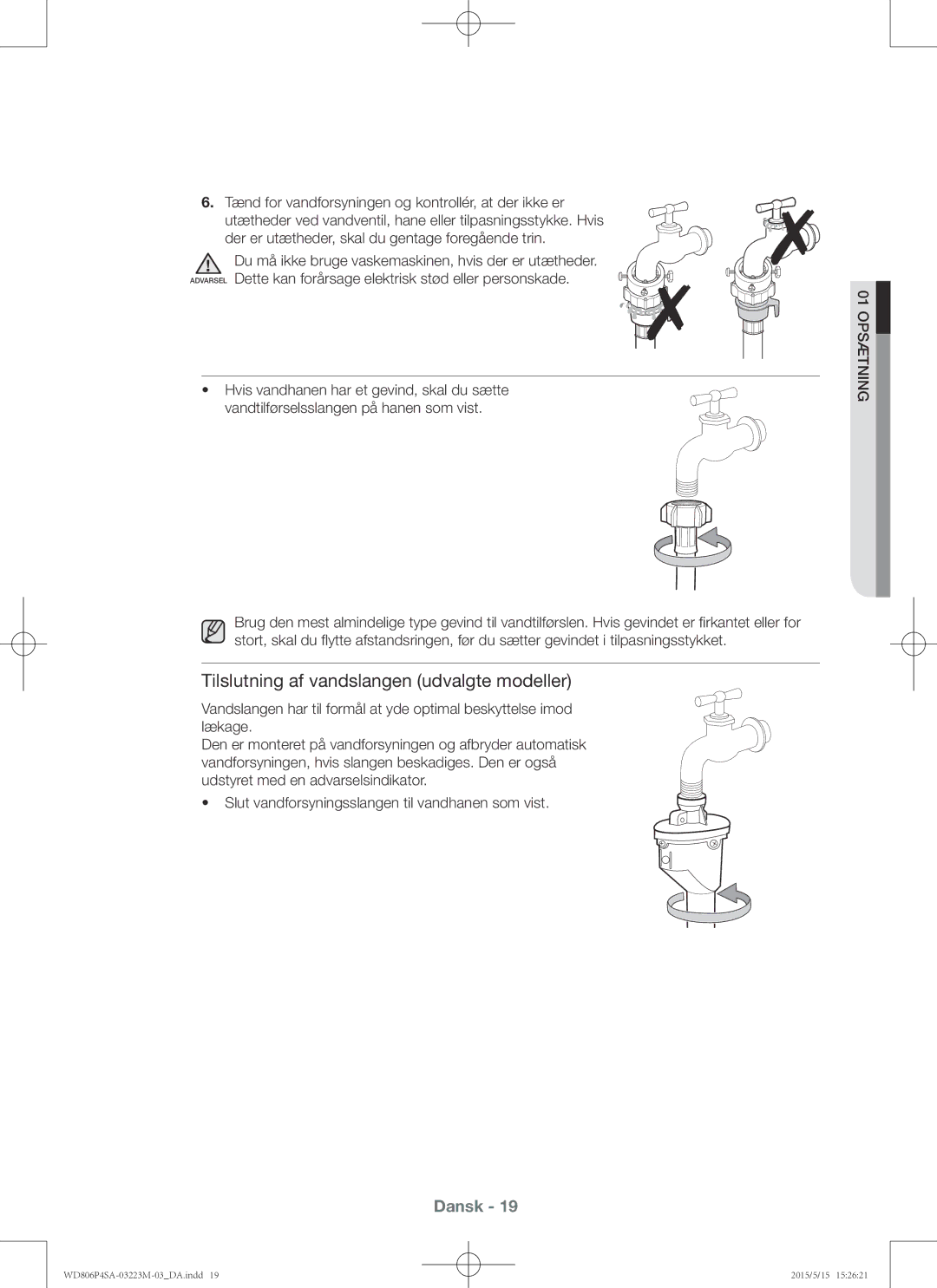 Samsung WD806P4SAWQ/EE manual Tilslutning af vandslangen udvalgte modeller 