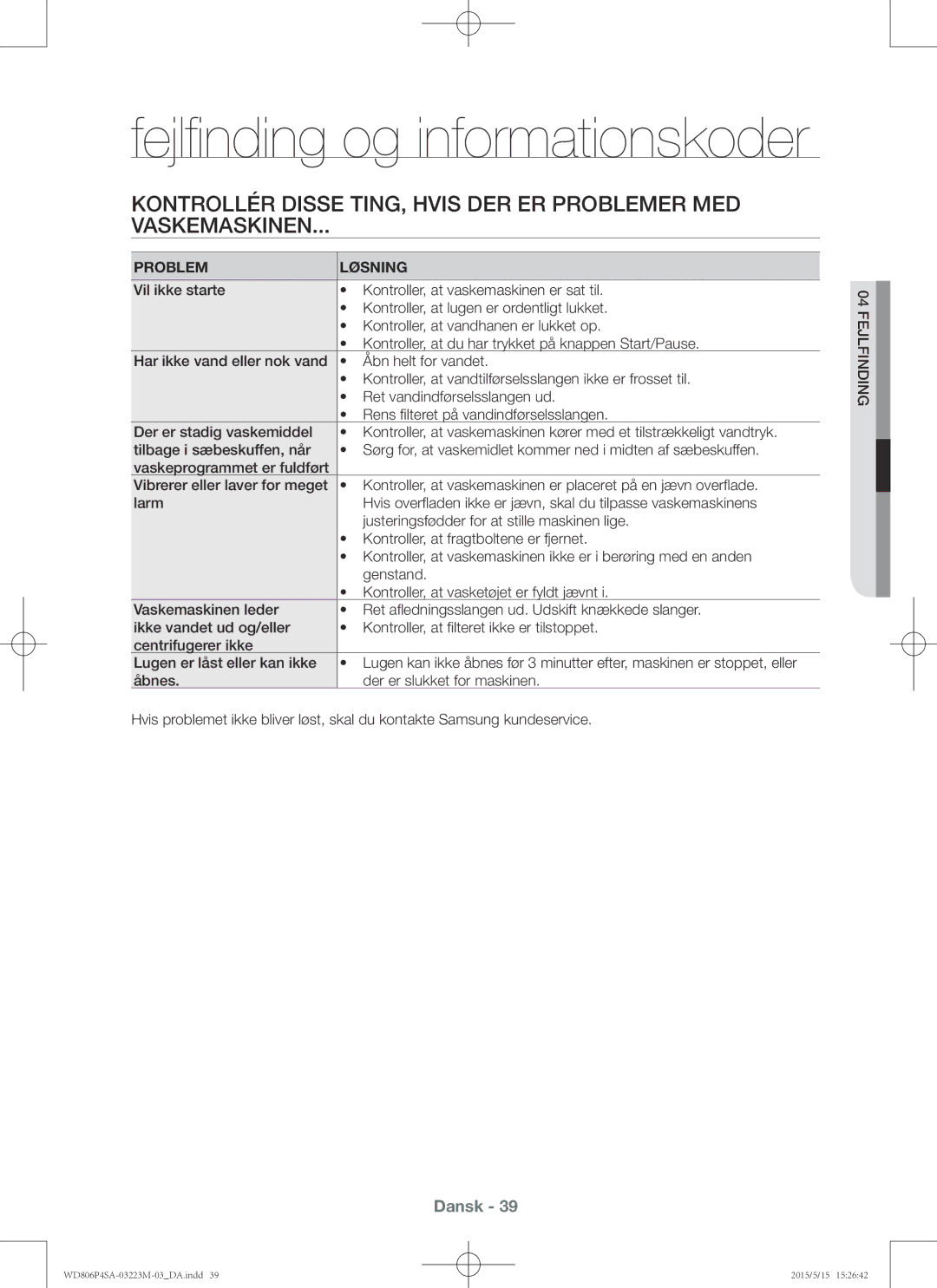 Samsung WD806P4SAWQ/EE manual Fejlfinding og informationskoder, Problem Løsning 