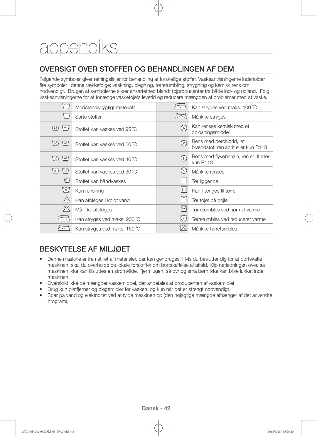 Samsung WD806P4SAWQ/EE manual Appendiks, Oversigt over stoffer og behandlingen af dem, Beskytelse af miljøet, Kun R113 