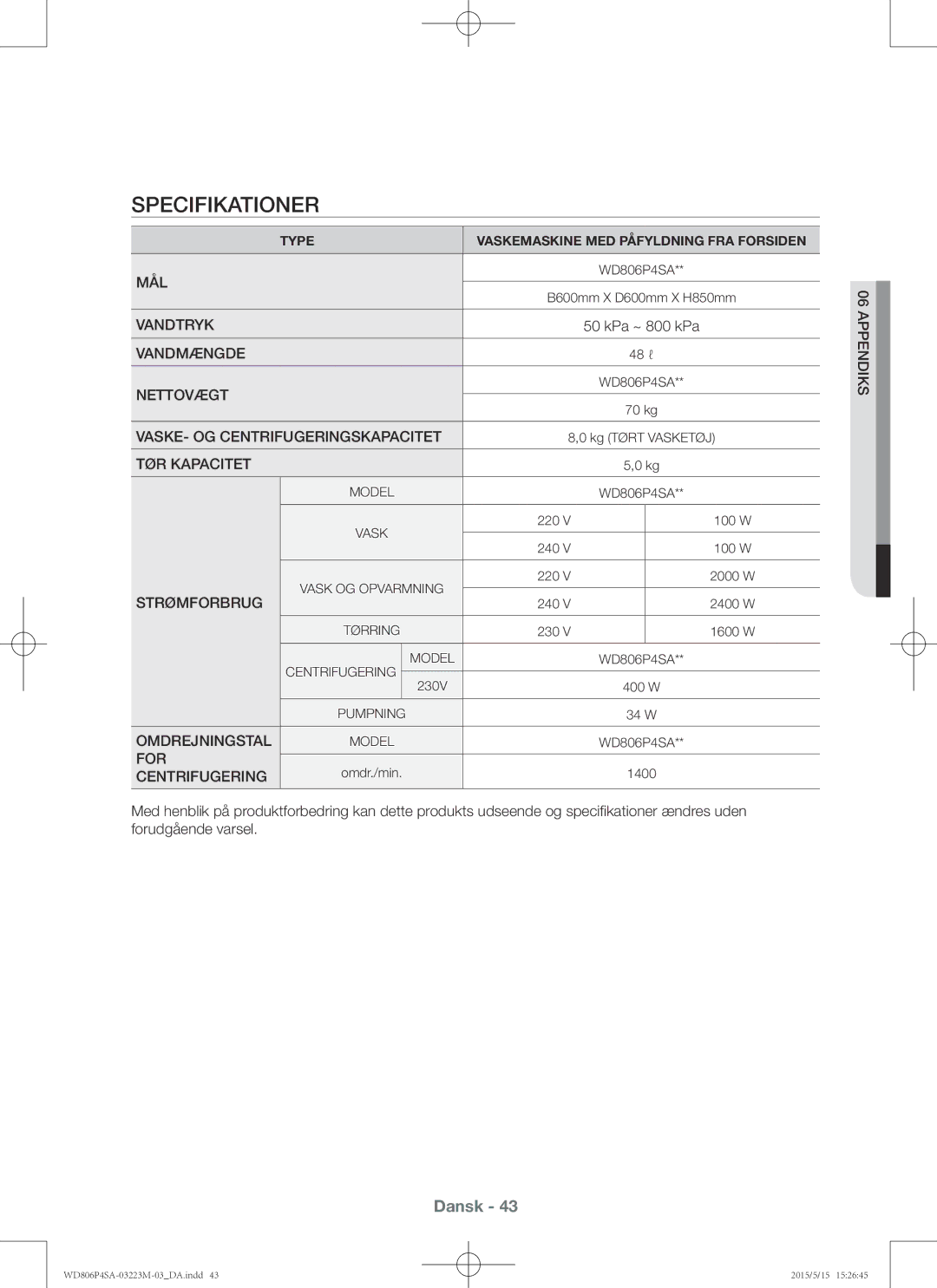 Samsung WD806P4SAWQ/EE manual Specifikationer, Centrifugering 