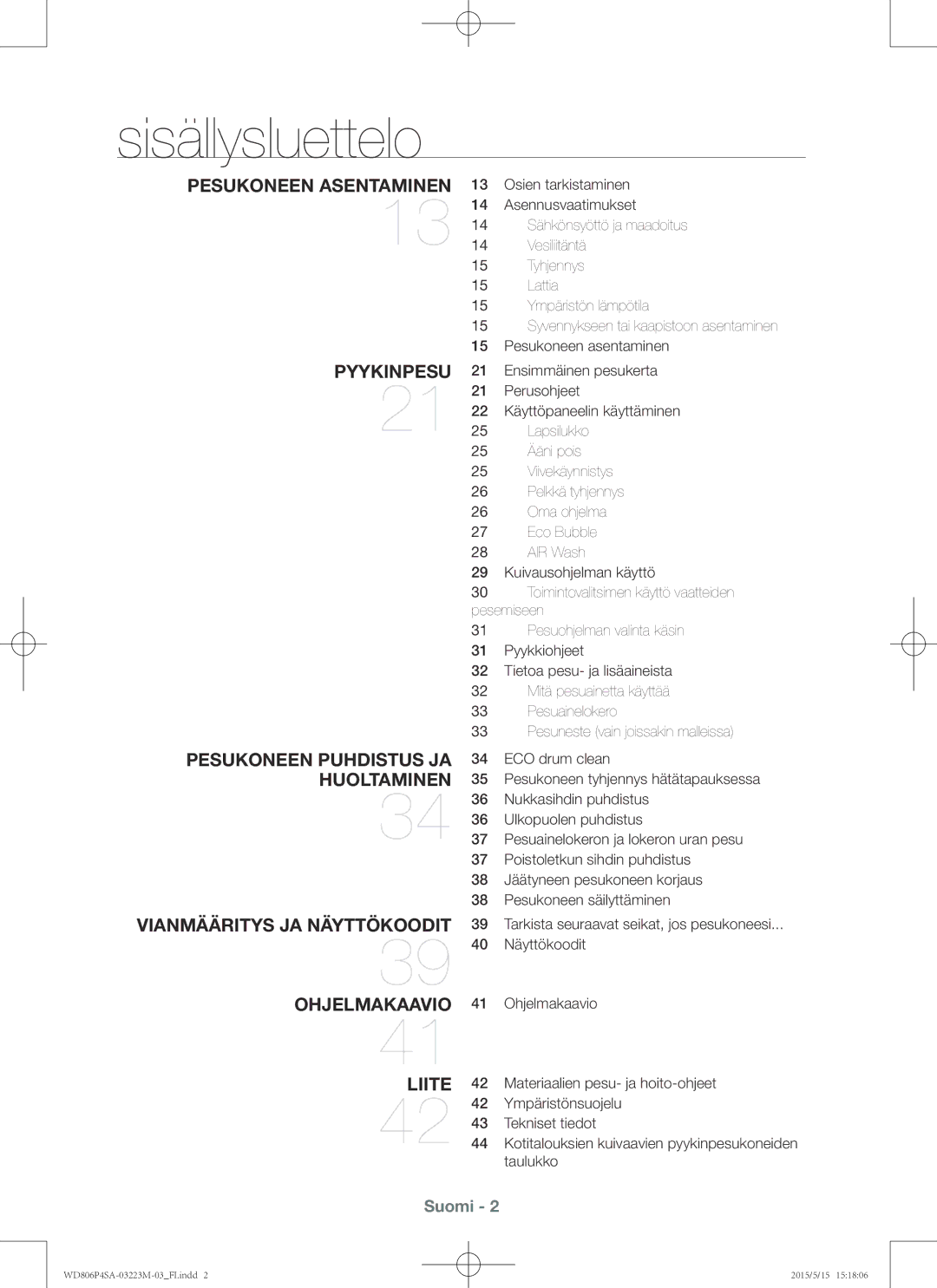 Samsung WD806P4SAWQ/EE manual Sisällysluettelo 