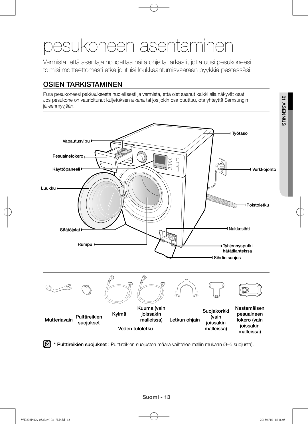 Samsung WD806P4SAWQ/EE manual Pesukoneen asentaminen, Osien tarkistaminen, Kuuma vain Suojakorkki Nestemäisen Kylmä 