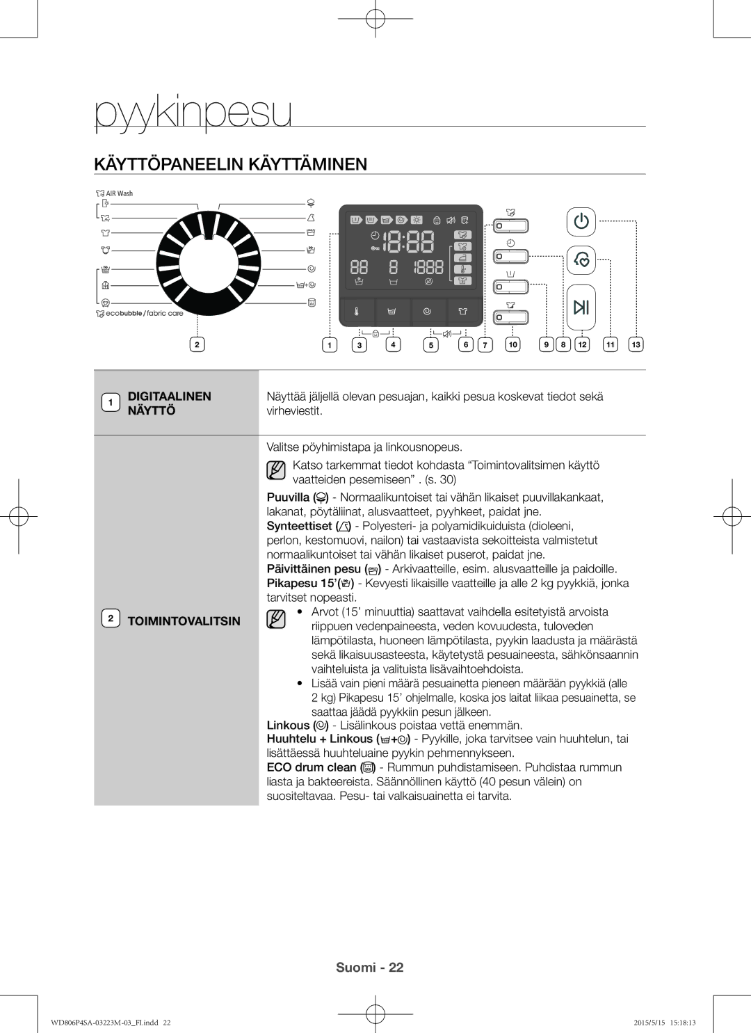 Samsung WD806P4SAWQ/EE manual Käyttöpaneelin käyttäminen, Digitaalinen, Näyttö, Virheviestit, Toimintovalitsin 