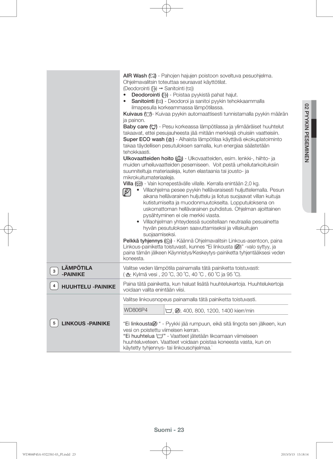 Samsung WD806P4SAWQ/EE manual Lämpötila, Painike, Huuhtelu -PAINIKE 