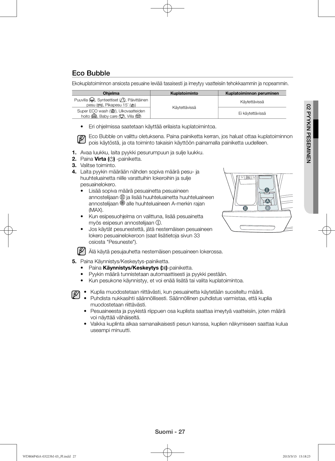 Samsung WD806P4SAWQ/EE manual Eri ohjelmissa saatetaan käyttää erilaista kuplatoimintoa, Ohjelma 