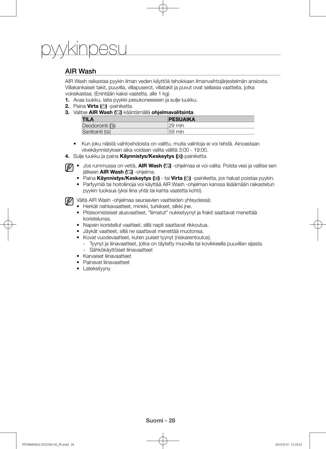 Samsung WD806P4SAWQ/EE manual Valitse AIR Wash kääntämällä ohjelmavalitsinta, Tila Pesuaika 