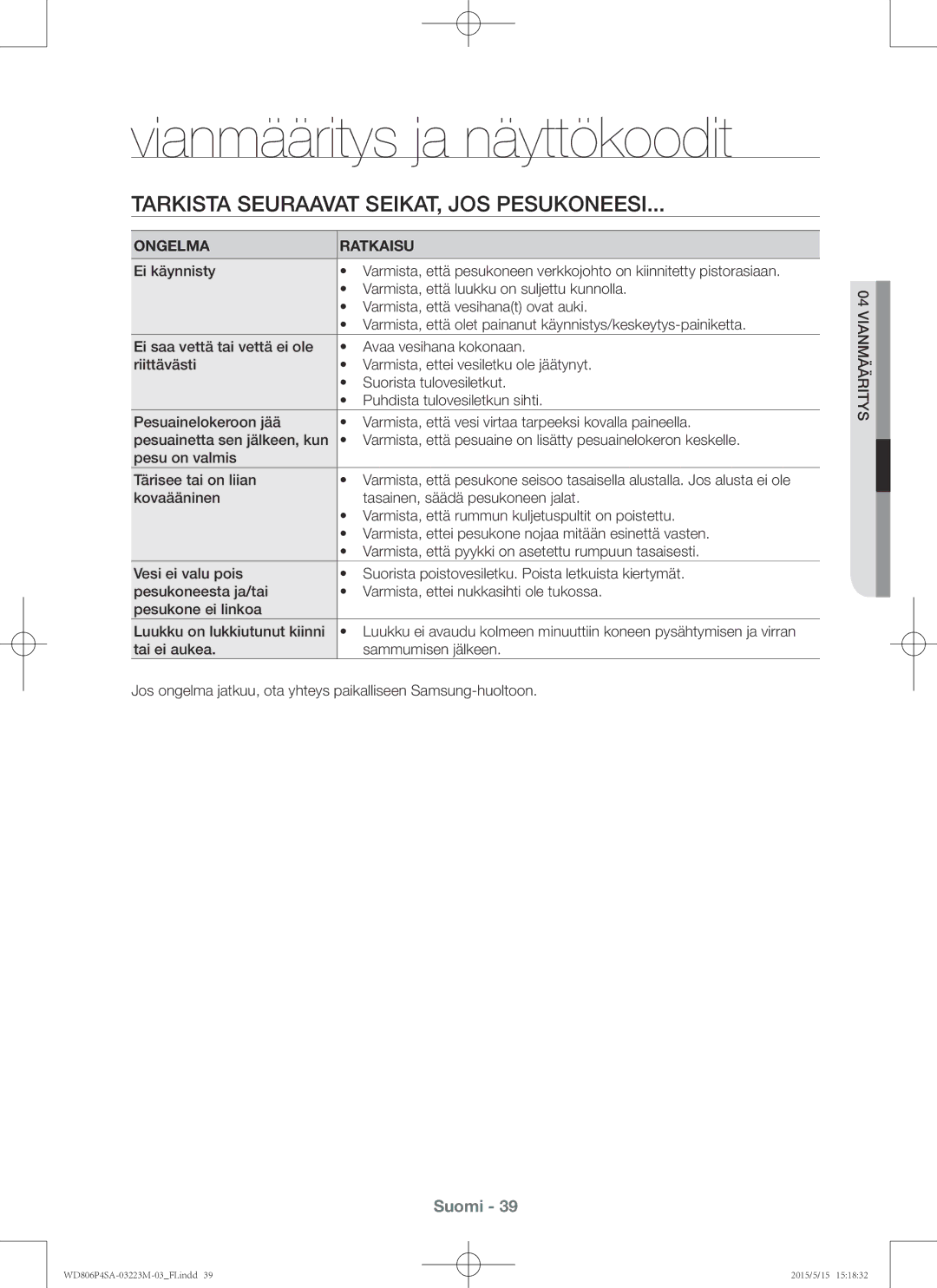 Samsung WD806P4SAWQ/EE manual Vianmääritys ja näyttökoodit, Tarkista seuraavat seikat, jos pesukoneesi, Ongelma Ratkaisu 