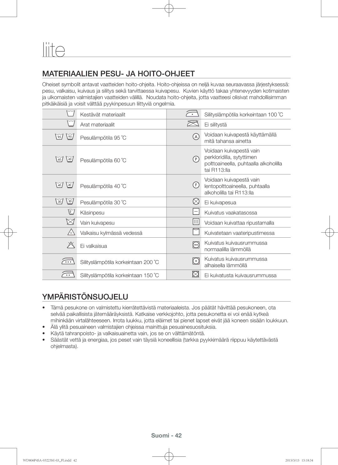 Samsung WD806P4SAWQ/EE manual Liite, Materiaalien pesu- ja hoito-ohjeet, Ympäristönsuojelu 