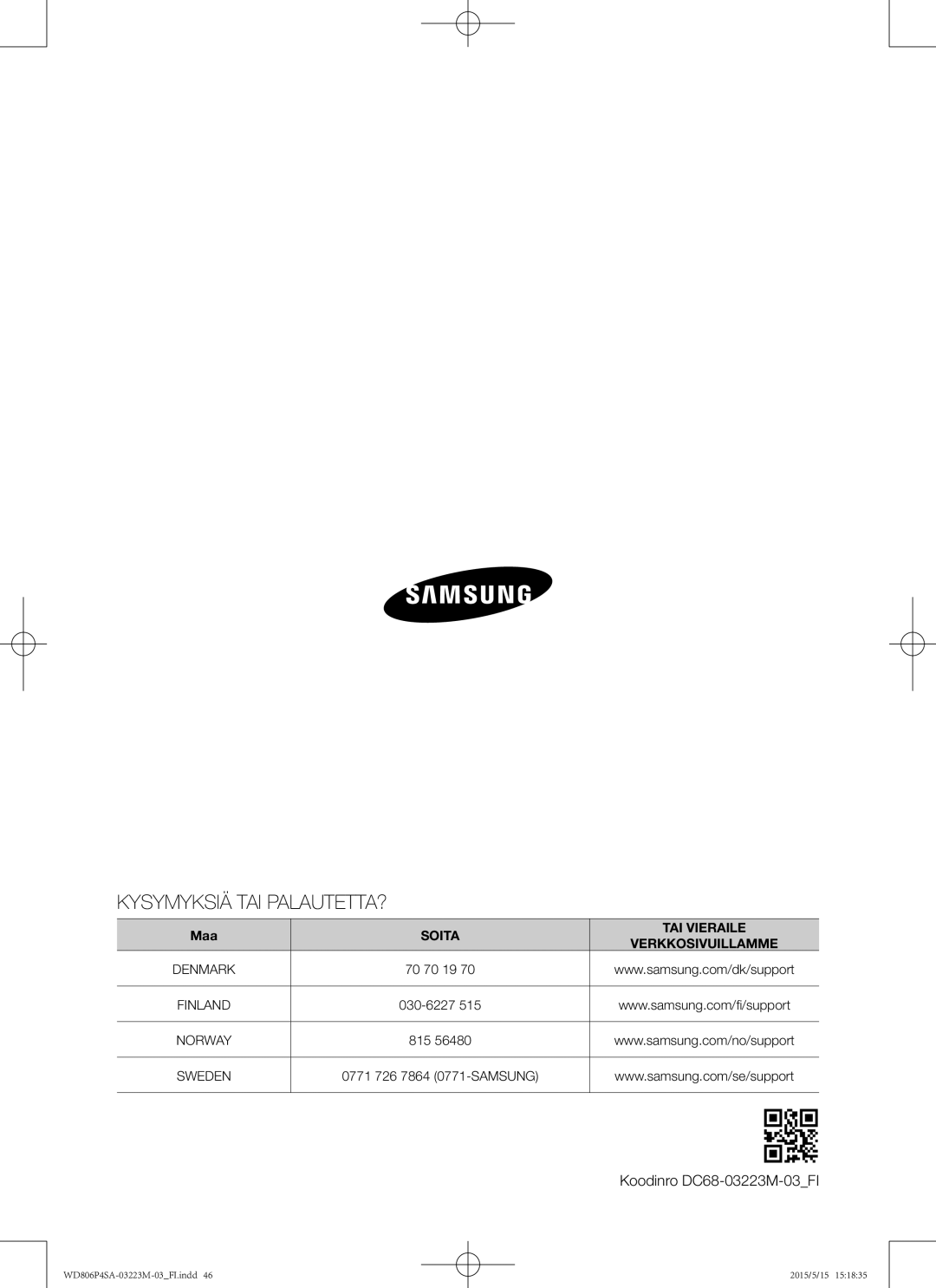 Samsung WD806P4SAWQ/EE manual Kysymyksiä TAI PALAUTETTA?, Koodinro DC68-03223M-03FI 