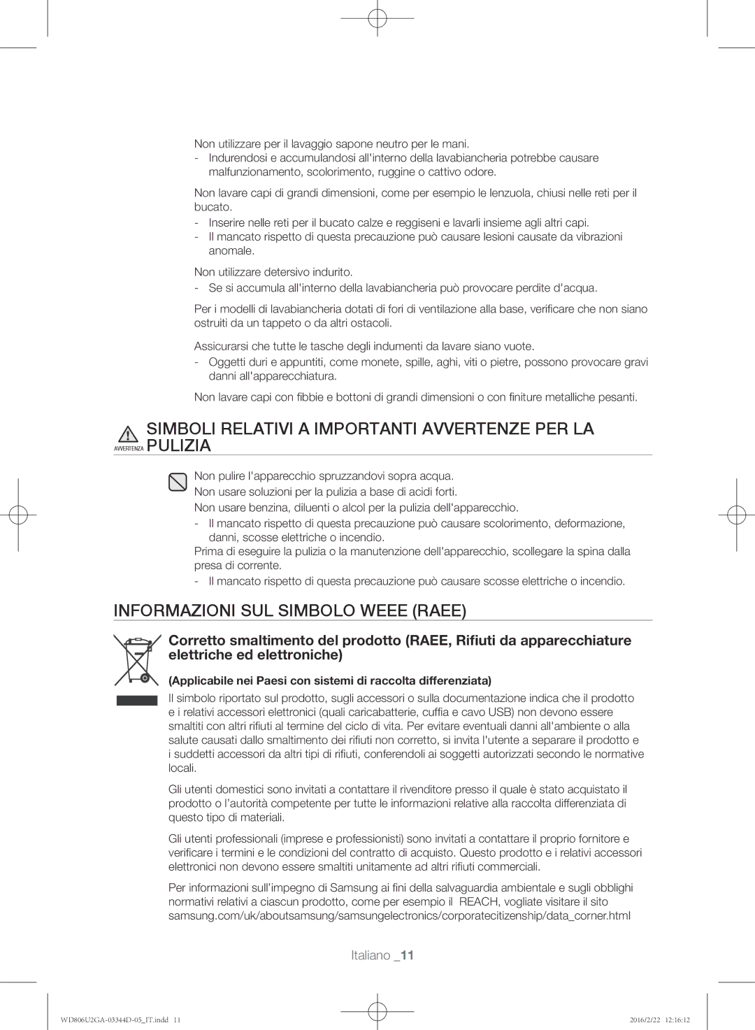 Samsung WD806U2GAWQ/ET manual Simboli Relativi a Importanti Avvertenze PER LA 