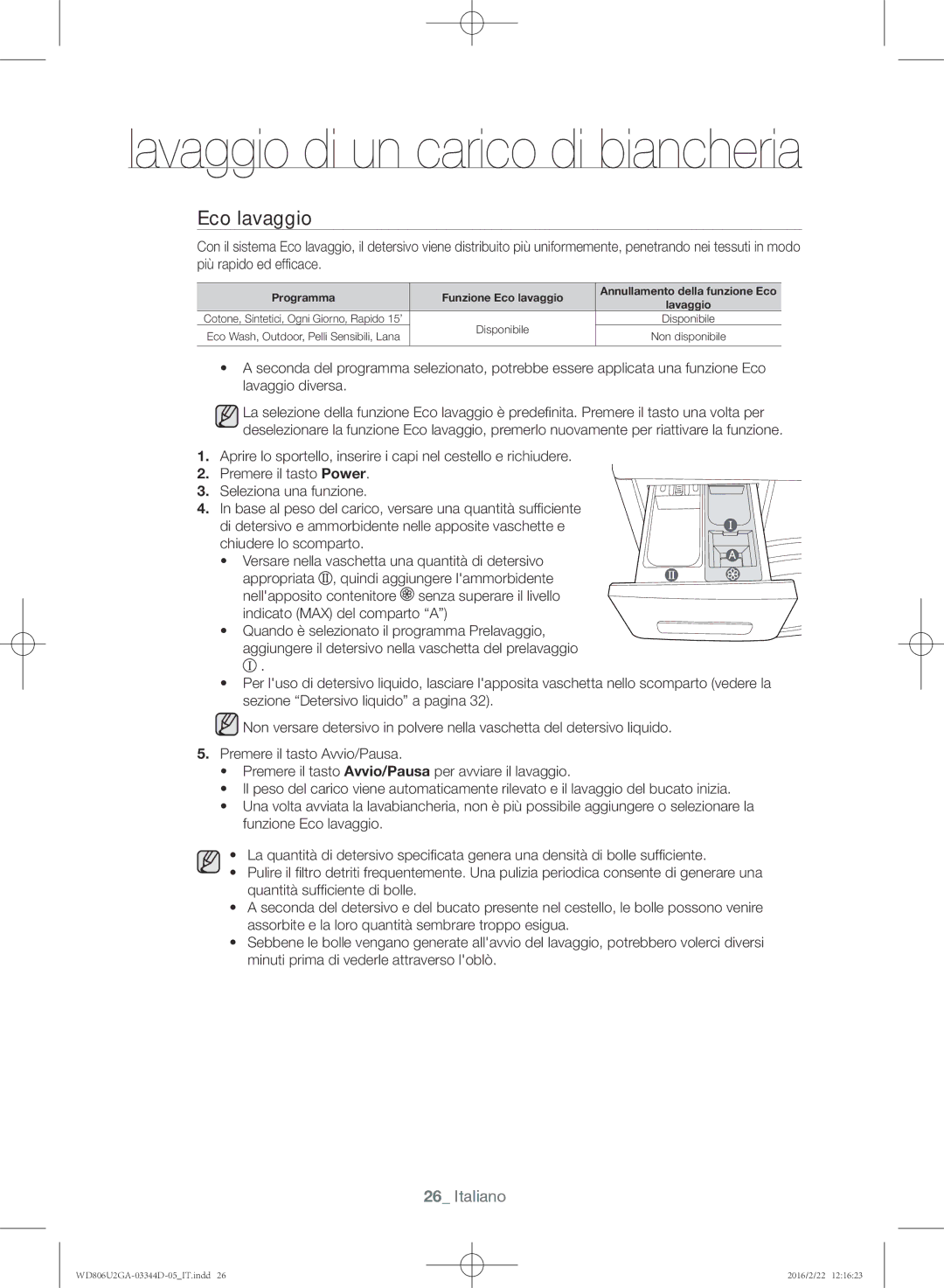 Samsung WD806U2GAWQ/ET manual Programma Funzione Eco lavaggio 