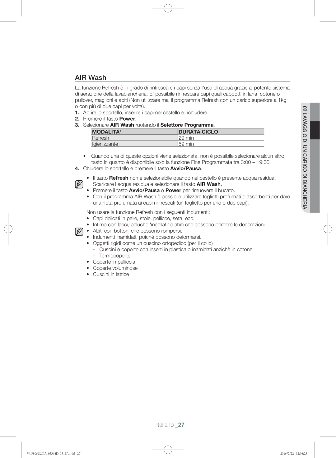 Samsung WD806U2GAWQ/ET manual AIR Wash, Modalita Durata Ciclo, Refresh 29 min Igienizzante 59 min 