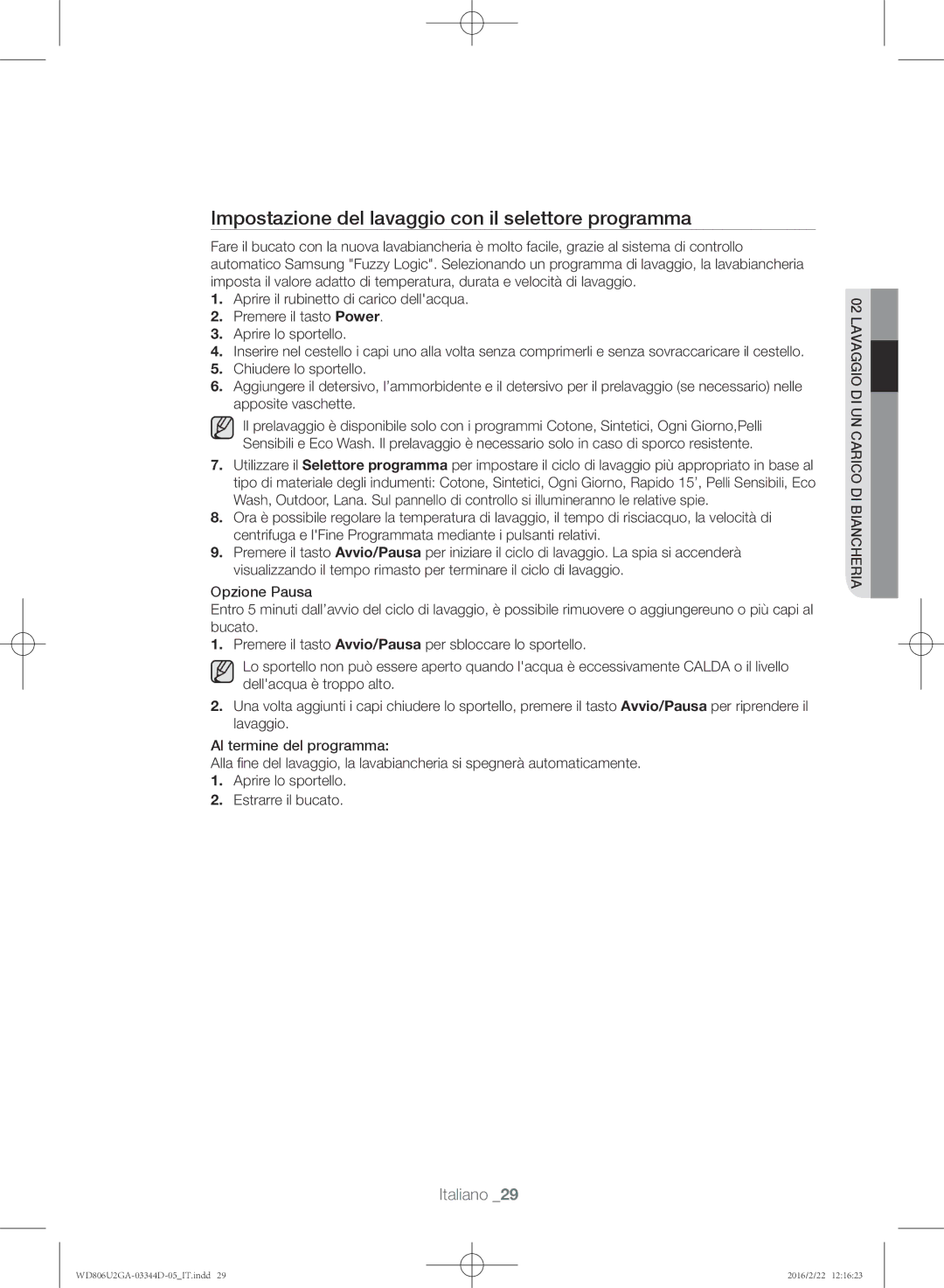 Samsung WD806U2GAWQ/ET manual Impostazione del lavaggio con il selettore programma 