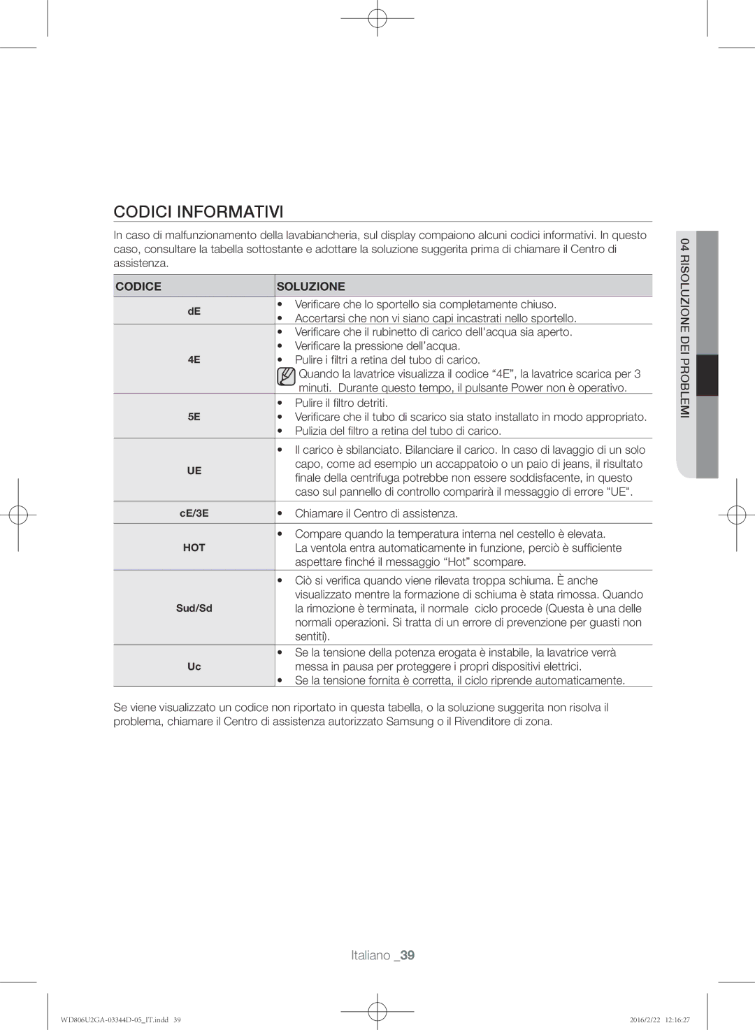 Samsung WD806U2GAWQ/ET manual Codici informativi, Codice Soluzione 