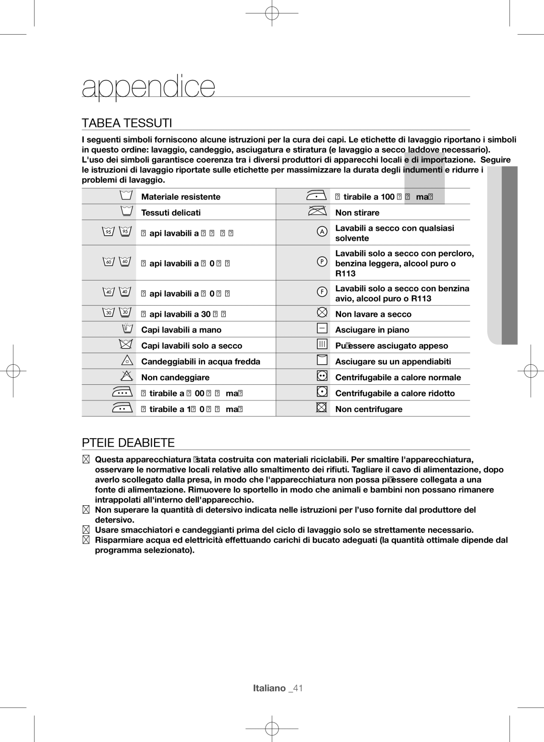 Samsung WD806U2GAWQ/ET manual Tabella tessuti, Protezione dell’ambiente, Appendice 