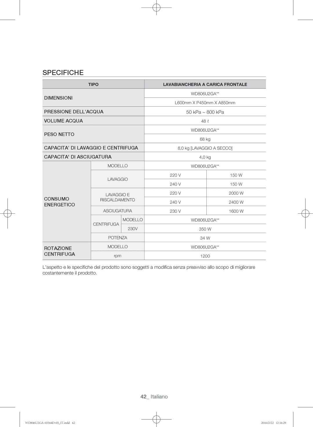 Samsung WD806U2GAWQ/ET manual Specifiche, Centrifuga 