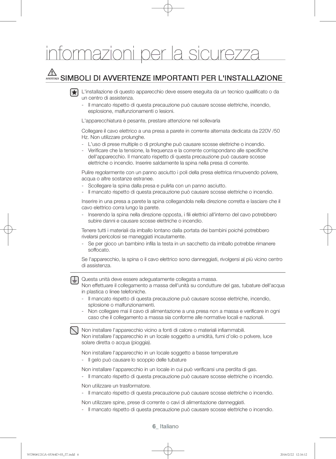 Samsung WD806U2GAWQ/ET manual Informazioni per la sicurezza 