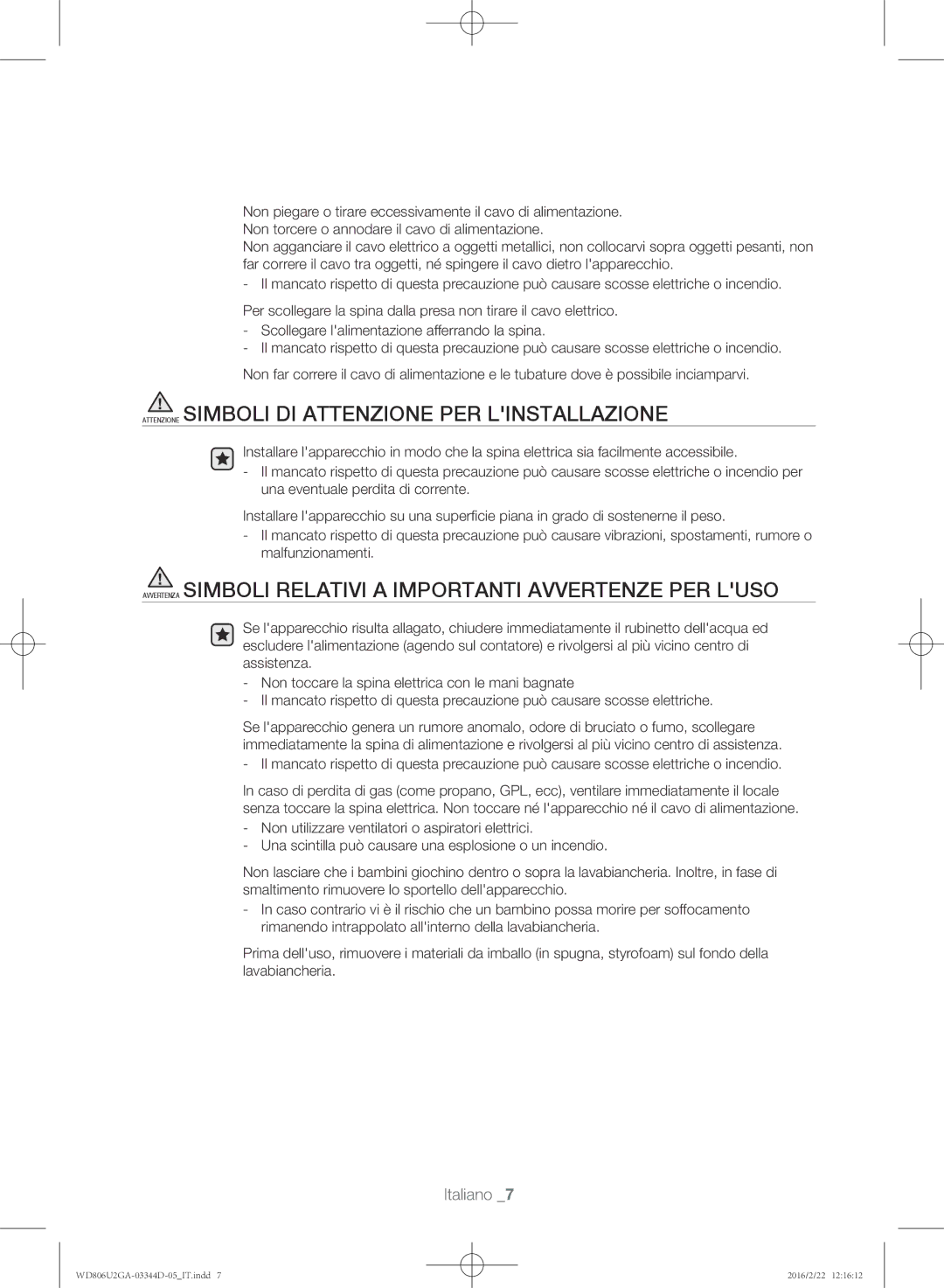 Samsung WD806U2GAWQ/ET manual Avvertenza Simboli Relativi a Importanti Avvertenze PER Luso 