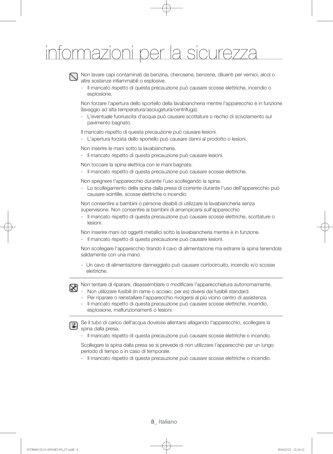 Samsung WD806U2GAWQ/ET manual Informazioni per la sicurezza 