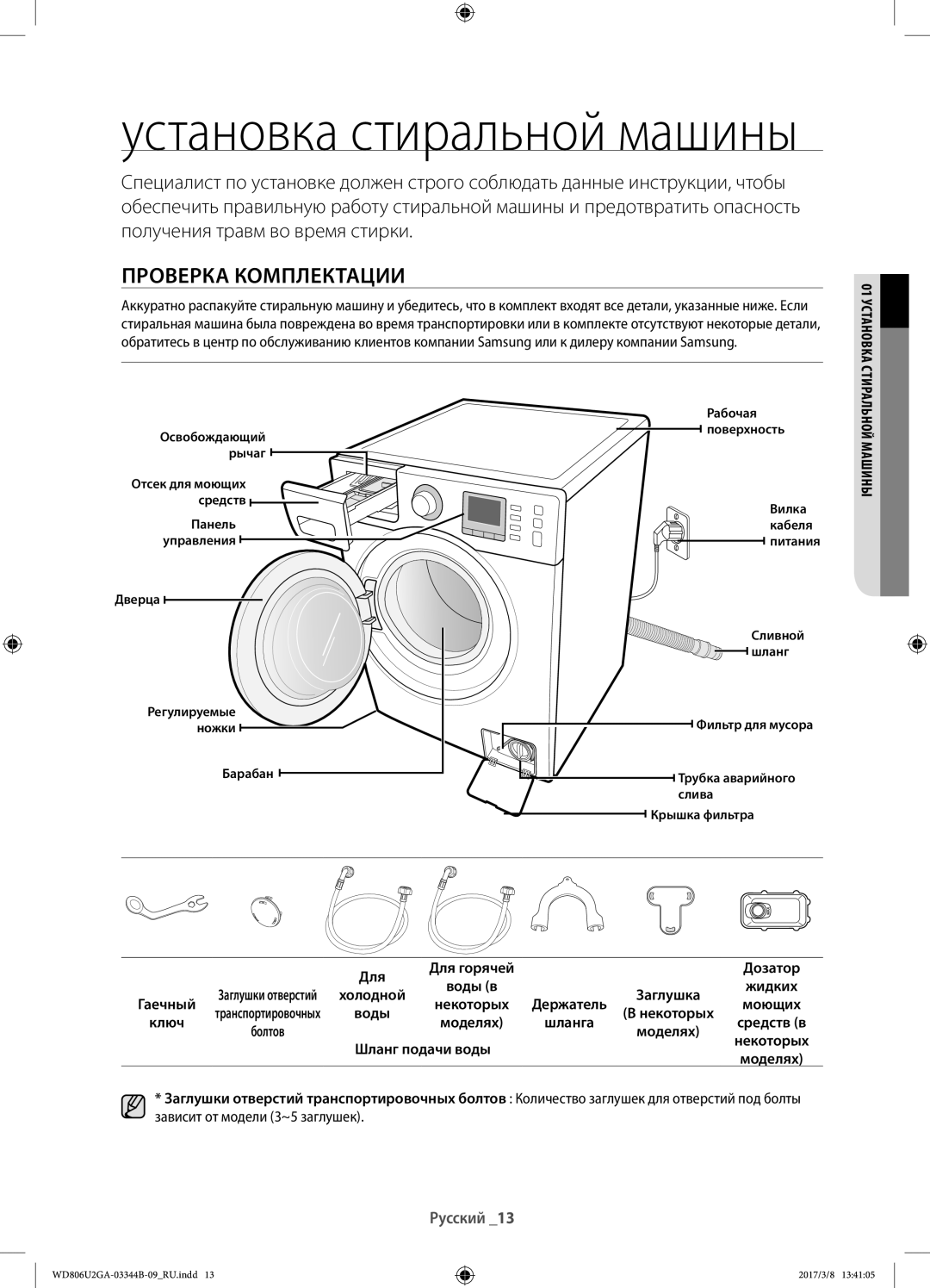 Samsung WD806U2GAGD/LP, WD806U2GAWQ/LP manual Проверка комплектации, Машины Для Для горячей Дозатор, Шланг подачи воды 