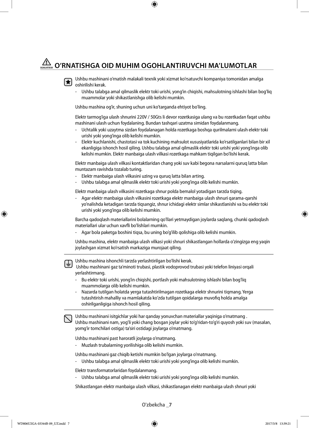 Samsung WD806U2GAGD/LP, WD806U2GAWQ/LP manual Ozbekcha 