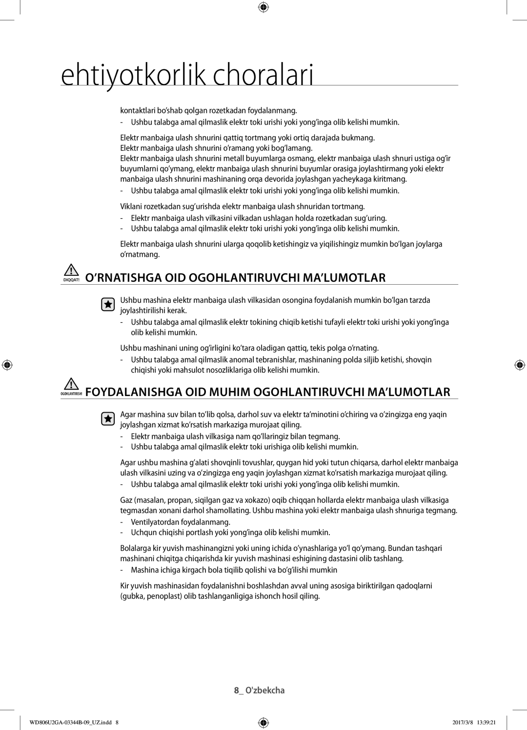 Samsung WD806U2GAWQ/LP, WD806U2GAGD/LP manual DIQQAT! O’RNATISHGA OID Ogohlantiruvchi MA’LUMOTLAR 