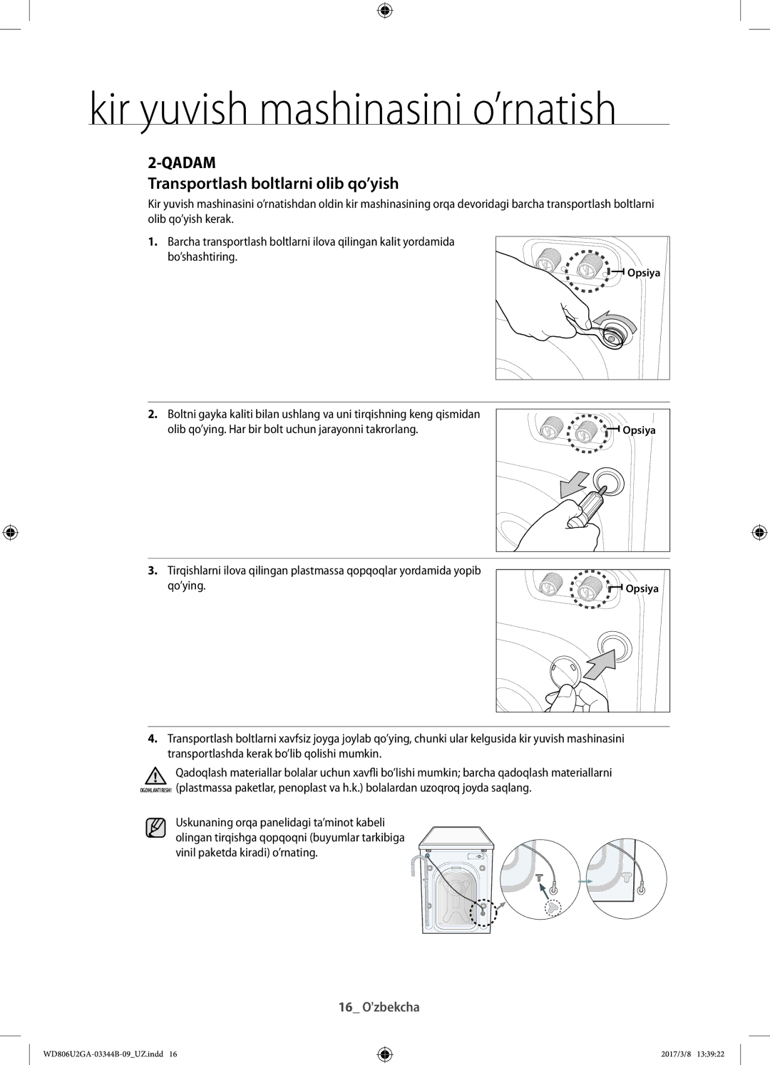 Samsung WD806U2GAWQ/LP, WD806U2GAGD/LP manual Transportlash boltlarni olib qo’yish, Opsiya 