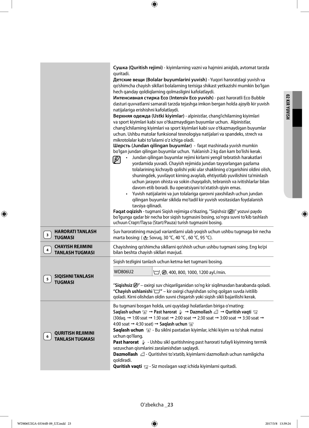 Samsung WD806U2GAGD/LP manual Harorati Tanlash, Chayish Rejimini, Tanlash Tugmasi, Siqishni Tanlash, Quritish Rejimini 