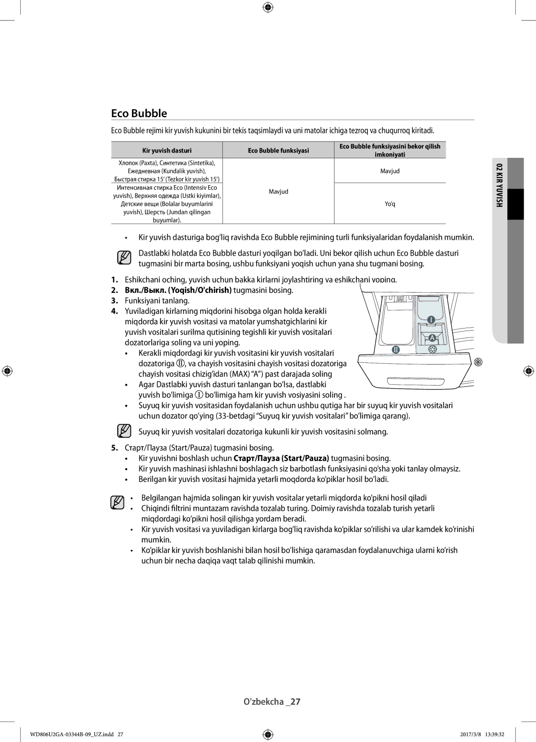 Samsung WD806U2GAGD/LP, WD806U2GAWQ/LP manual Kir yuvish dasturi Eco Bubble funksiyasi 