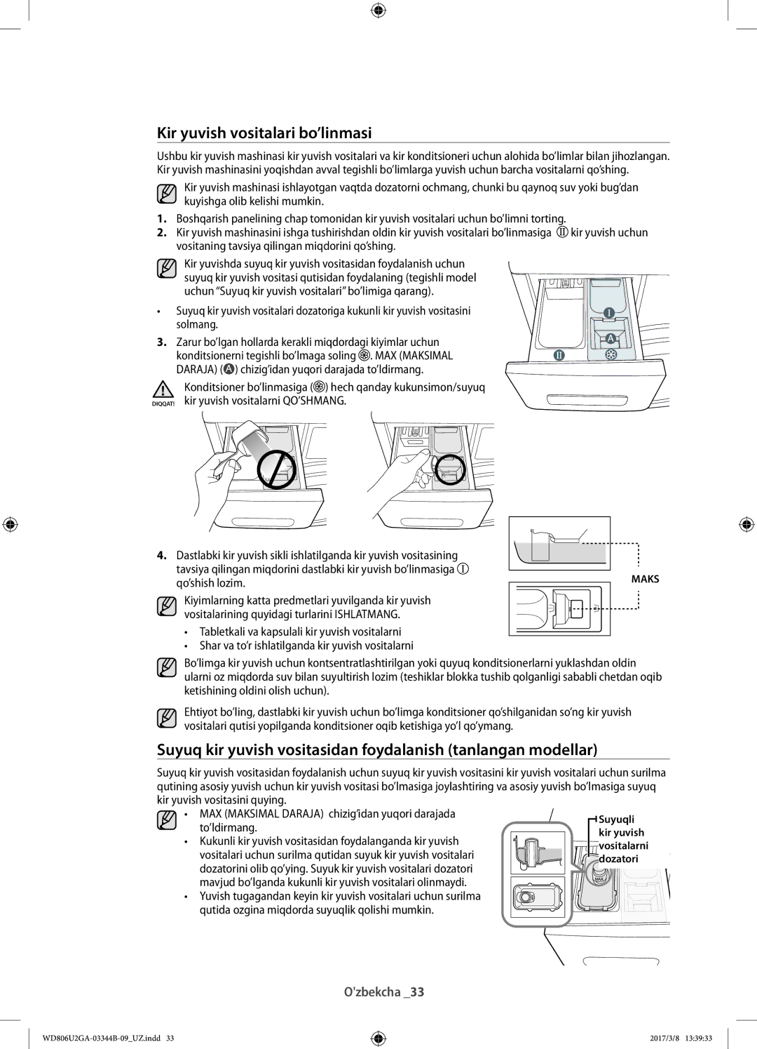 Samsung WD806U2GAGD/LP manual Kir yuvish vositalari bo’linmasi, Suyuq kir yuvish vositasidan foydalanish tanlangan modellar 