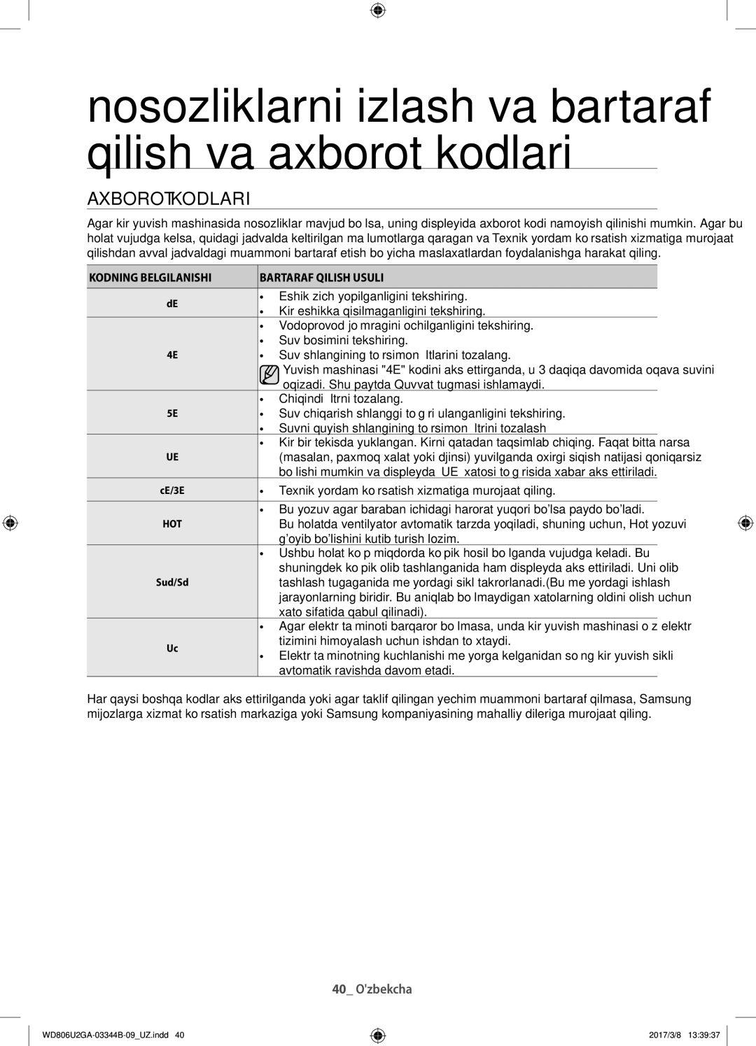 Samsung WD806U2GAWQ/LP, WD806U2GAGD/LP manual Axborot kodlari, Kodning Belgilanishi Bartaraf Qilish Usuli 