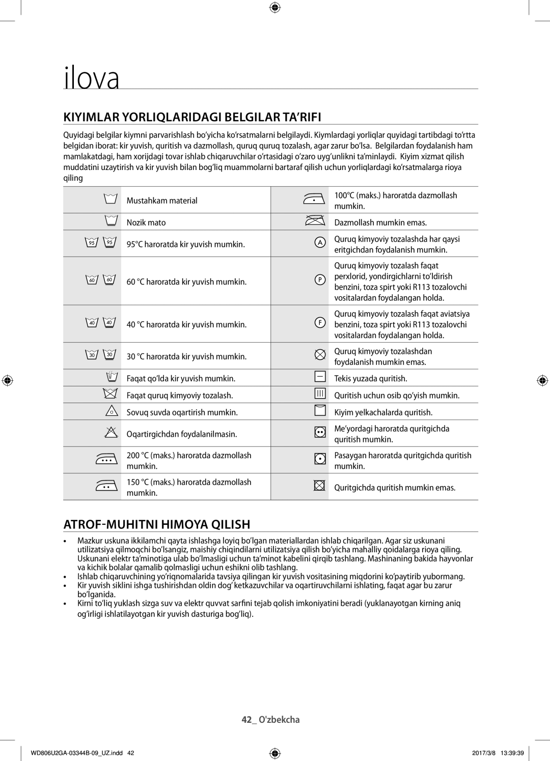 Samsung WD806U2GAWQ/LP, WD806U2GAGD/LP manual Ilova, Kiyimlar yorliqlaridagi belgilar ta’rifi, Atrof-muhitni himoya qilish 