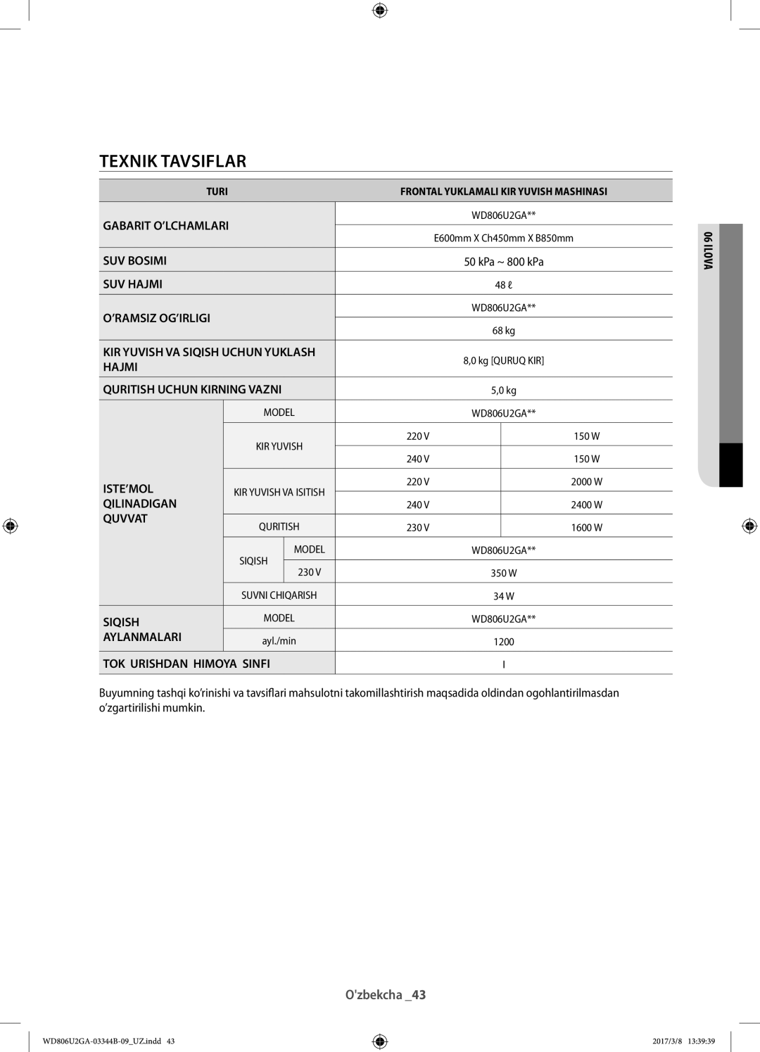 Samsung WD806U2GAGD/LP, WD806U2GAWQ/LP manual Texnik tavsiflar 