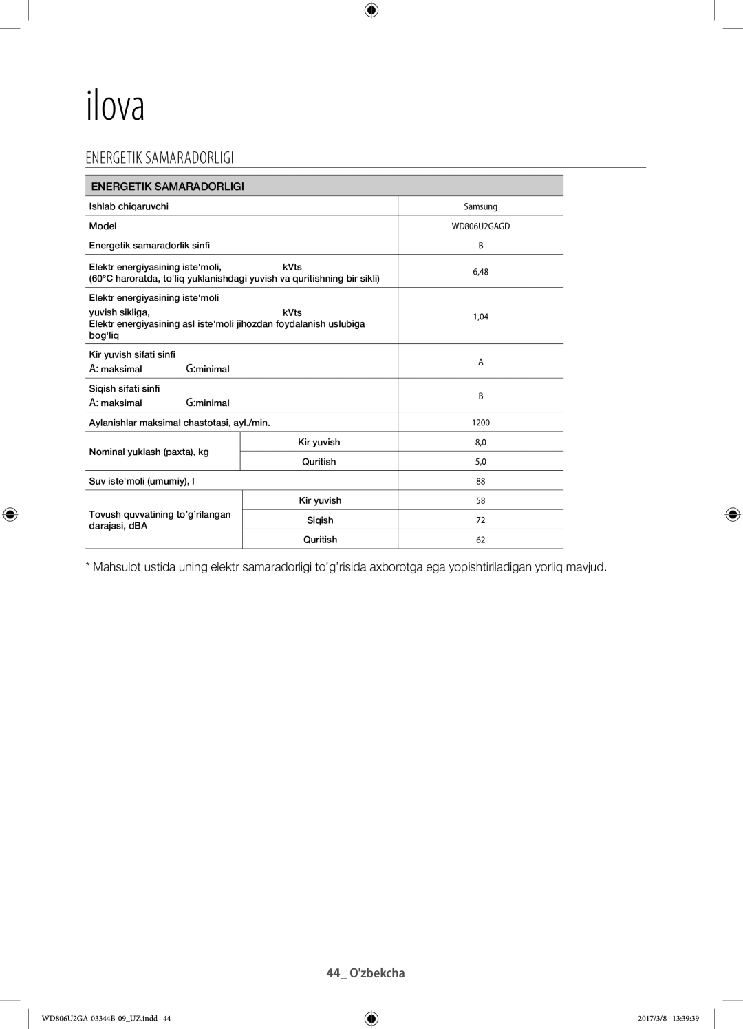 Samsung WD806U2GAWQ/LP, WD806U2GAGD/LP manual Energetik Samaradorligi 