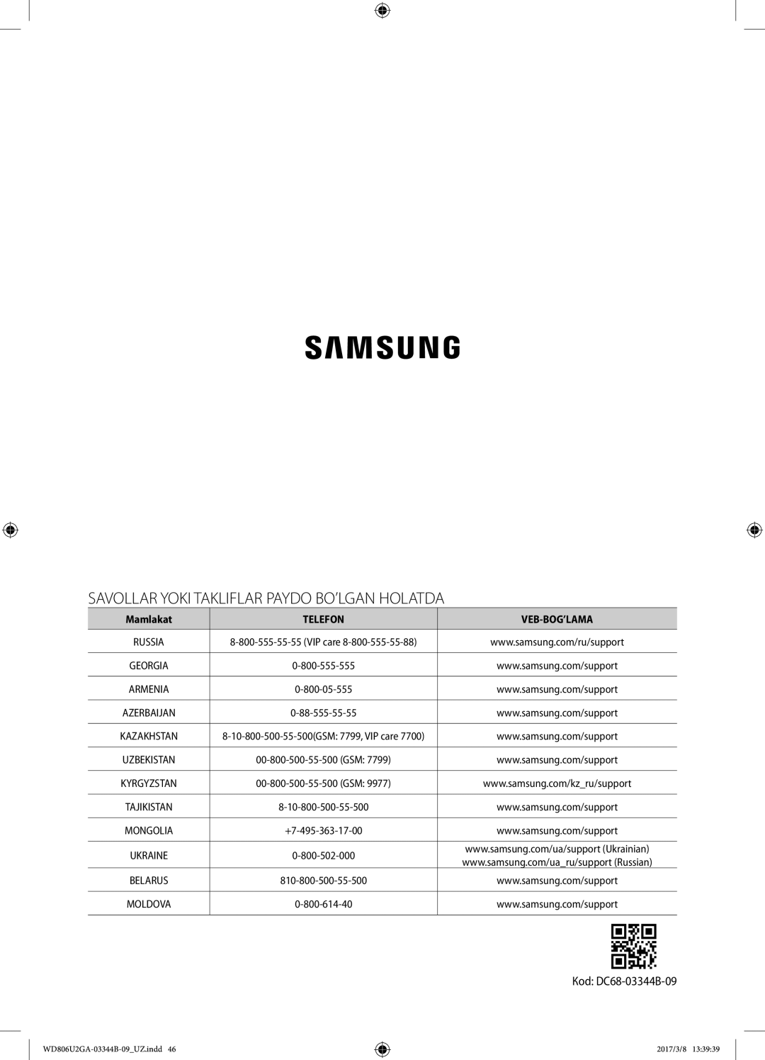 Samsung WD806U2GAWQ/LP, WD806U2GAGD/LP manual Кod DC68-03344B-09, Mamlakat 