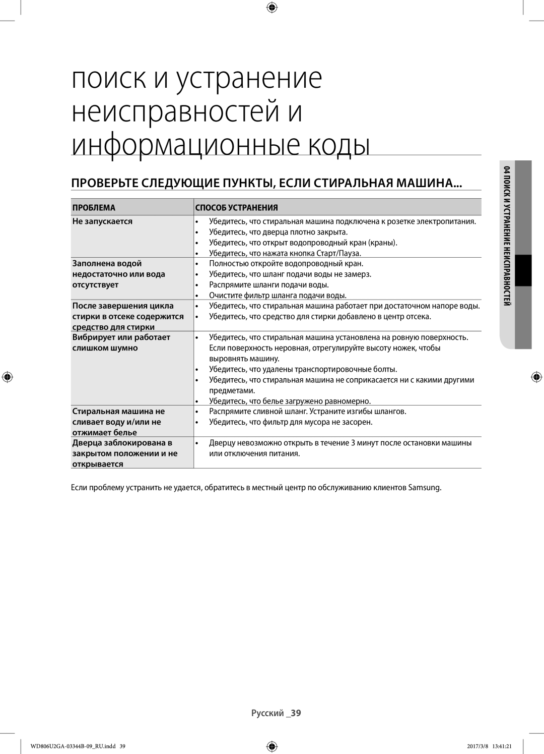 Samsung WD806U2GAGD/LP, WD806U2GAWQ/LP manual Проверьте следующие пункты, если стиральная машина, Проблема Способ Устранения 