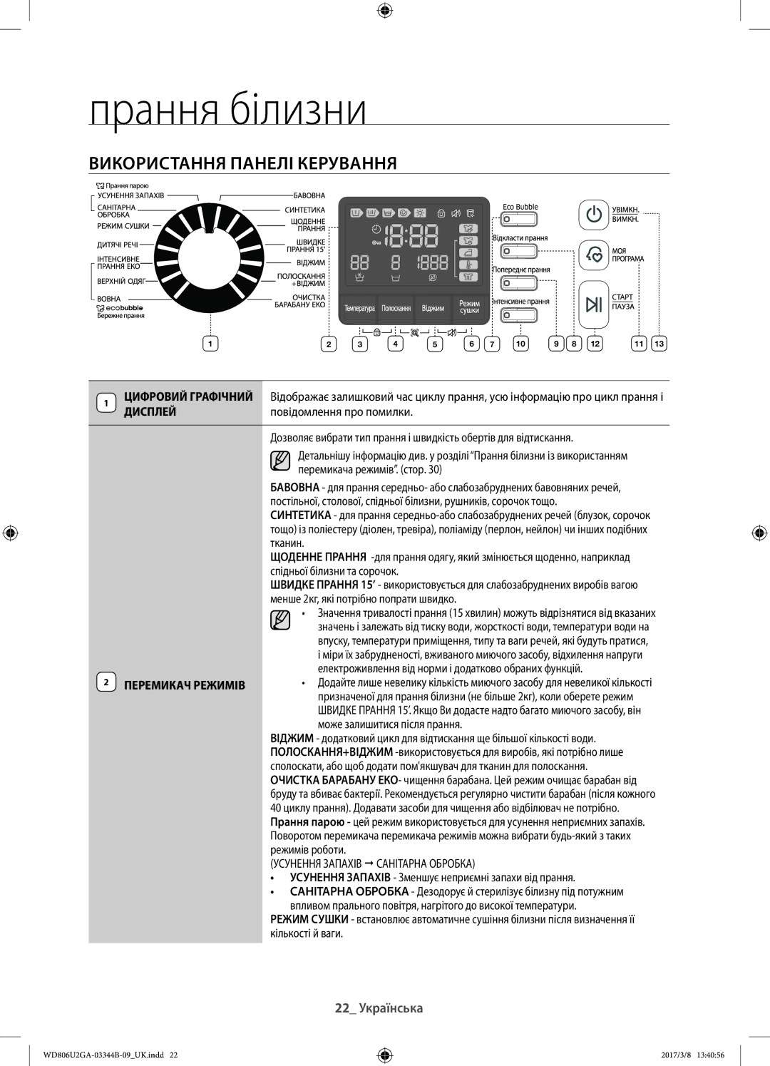 Samsung WD806U2GAWQ/LP, WD806U2GAGD/LP manual Використання панелі керування, Перемикач Режимів 