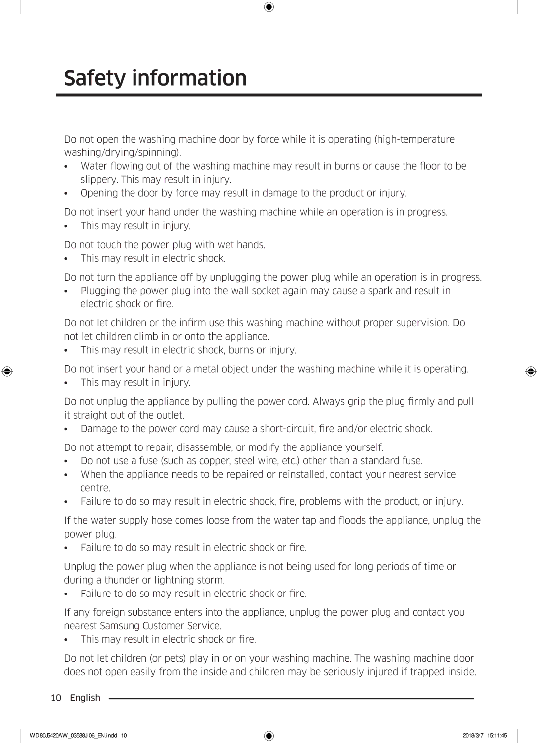 Samsung WD80J5420AW/EE manual Safety information 