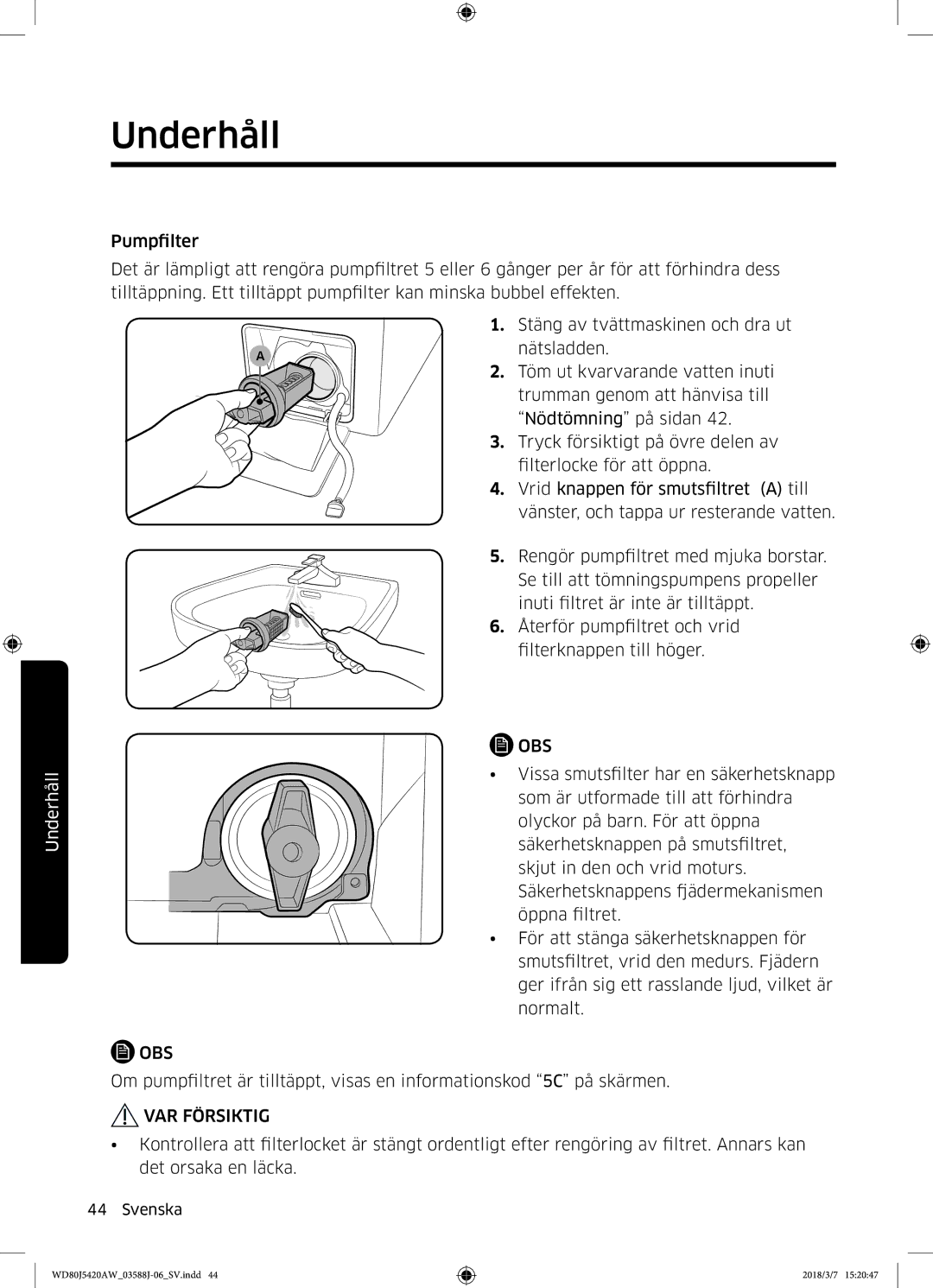 Samsung WD80J5420AW/EE manual VAR Försiktig 