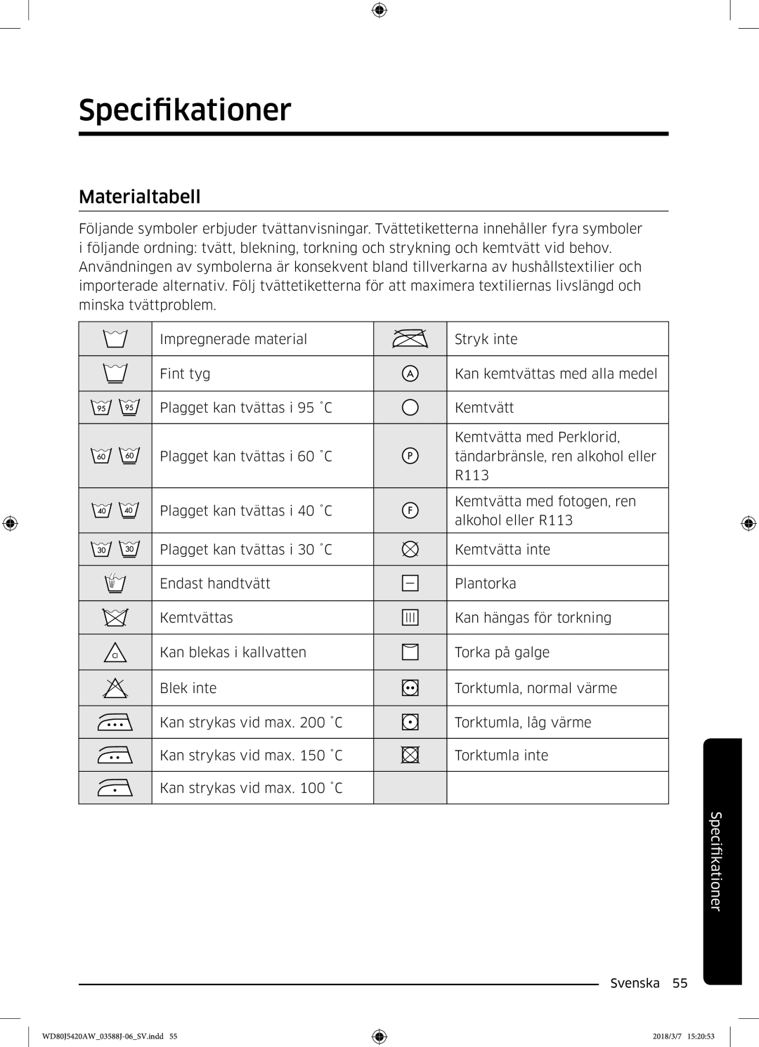 Samsung WD80J5420AW/EE manual Specifikationer, Materialtabell 