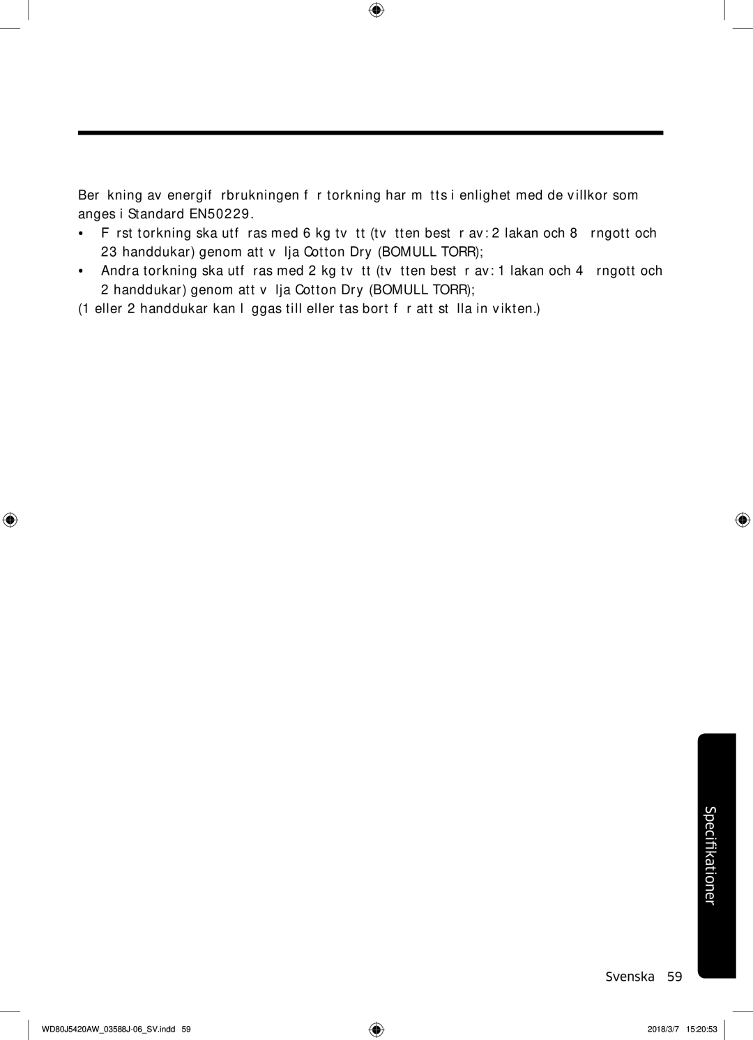 Samsung WD80J5420AW/EE manual FikationerSpci 