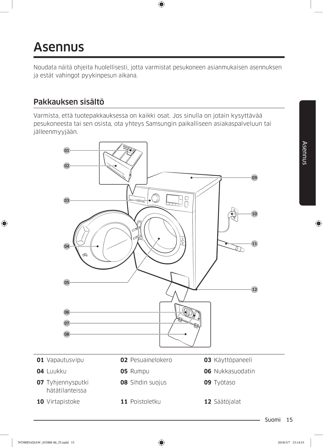 Samsung WD80J5420AW/EE manual Asennus, Pakkauksen sisältö 