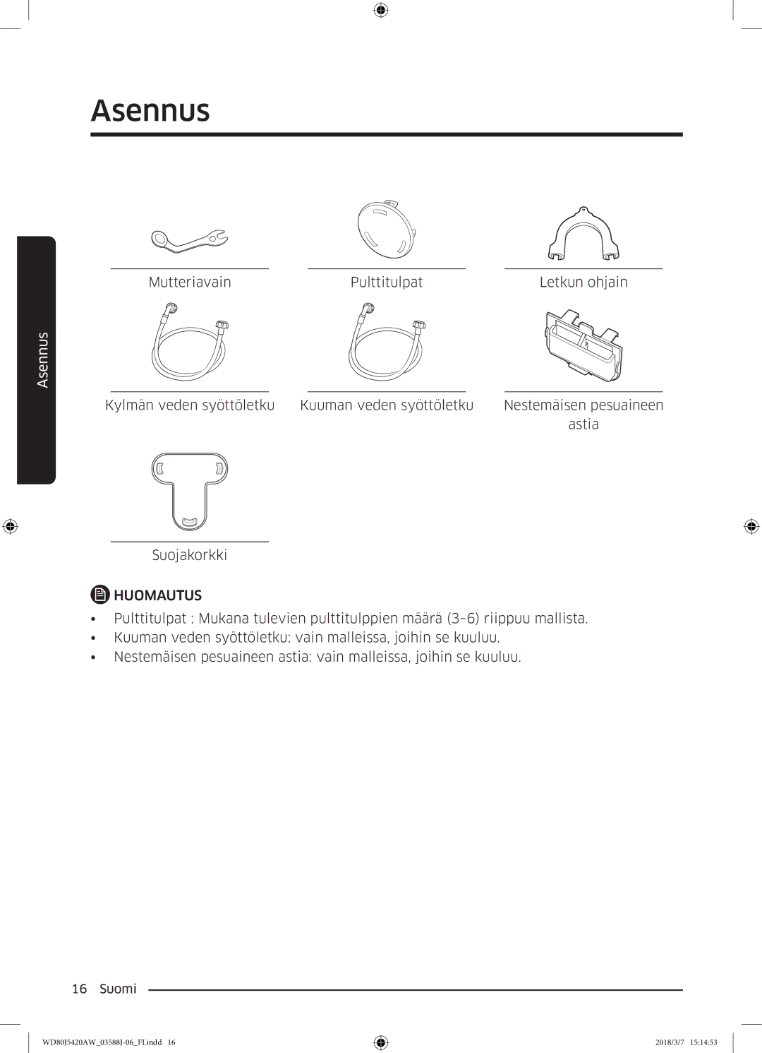 Samsung WD80J5420AW/EE manual Mutteriavain Pulttitulpat Letkun ohjain 