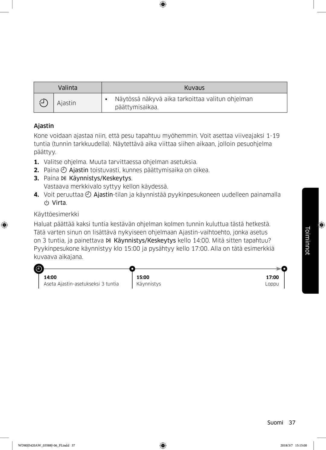 Samsung WD80J5420AW/EE manual Aseta Ajastin-asetukseksi 3 tuntia Käynnistys Loppu 